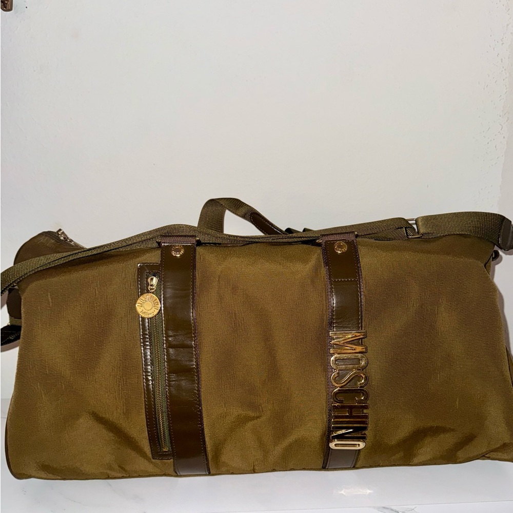 ~ SOLD ~ Moschino Olive Green Nylon/Patent Leather Duffel Bag with Guitar Strap